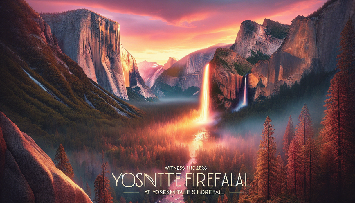 alt_text: Visitors gather to witness the fiery glow of Yosemite's Firefall at sunset.