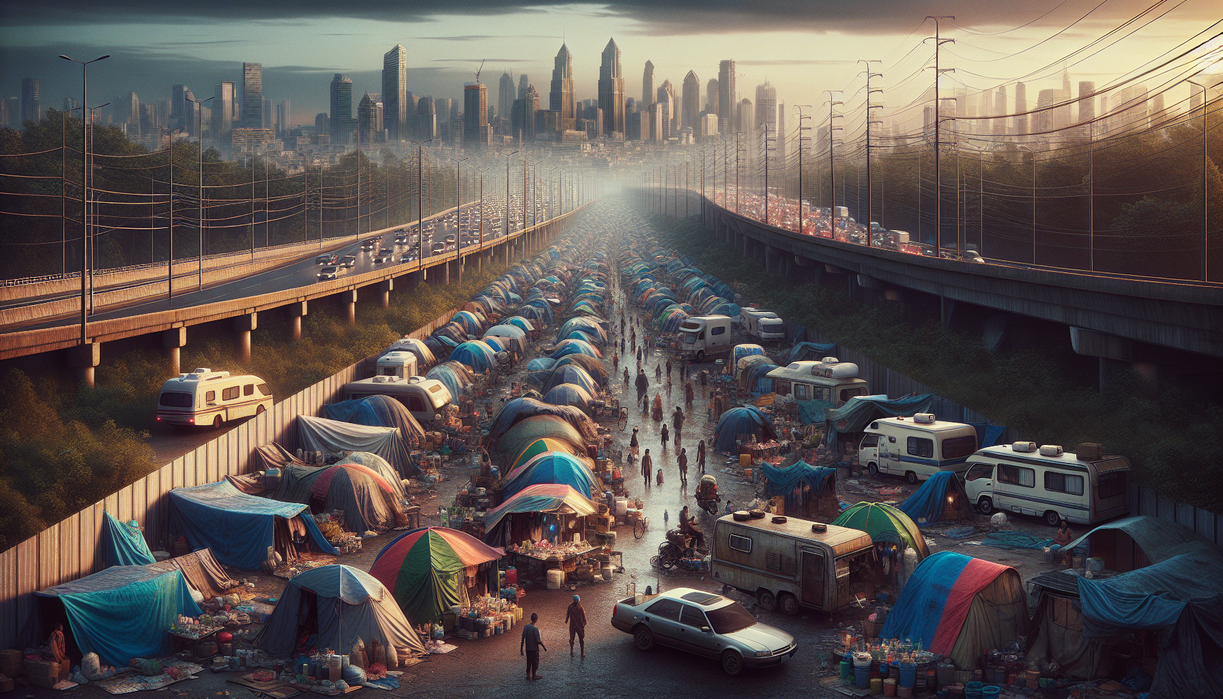 alt_text: Tents line a city street, highlighting the commercialized aspect of homeless encampments.