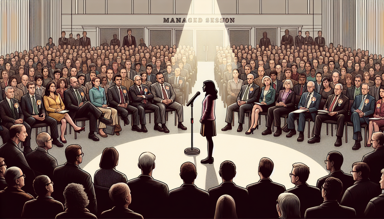 alt_text: A solitary microphone stands on an empty stage in an organized, echoing auditorium.