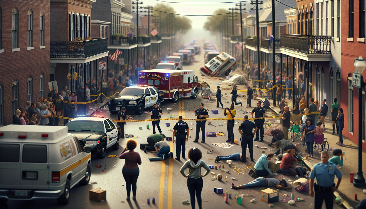 alt_text: People gather solemnly near a memorial, honoring victims of a Louisiana parade tragedy.