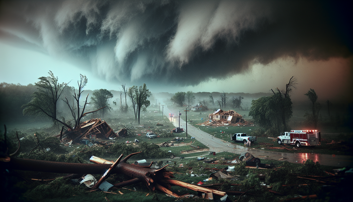 alt_text: Aerial view of tornado aftermath; damaged structures and scattered debris in Randolph.