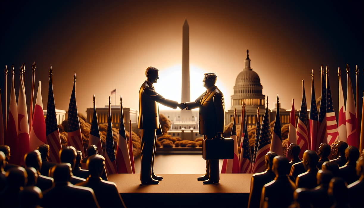 alt_text: Diplomatic delegates in a grand hall debating key issues at a historical negotiation meeting.